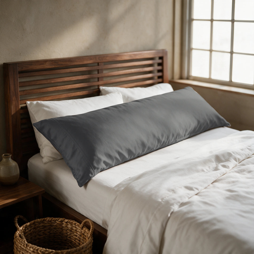 Graphite gray copper-infused bamboo viscose body pillowcase on a walnut slatted bed in a sunlit bedroom — cooling, breathable and gentle on sensitive skin.