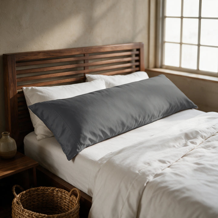 Graphite gray copper-infused bamboo viscose body pillowcase on a walnut slatted bed in a sunlit bedroom — cooling, breathable and gentle on sensitive skin.
