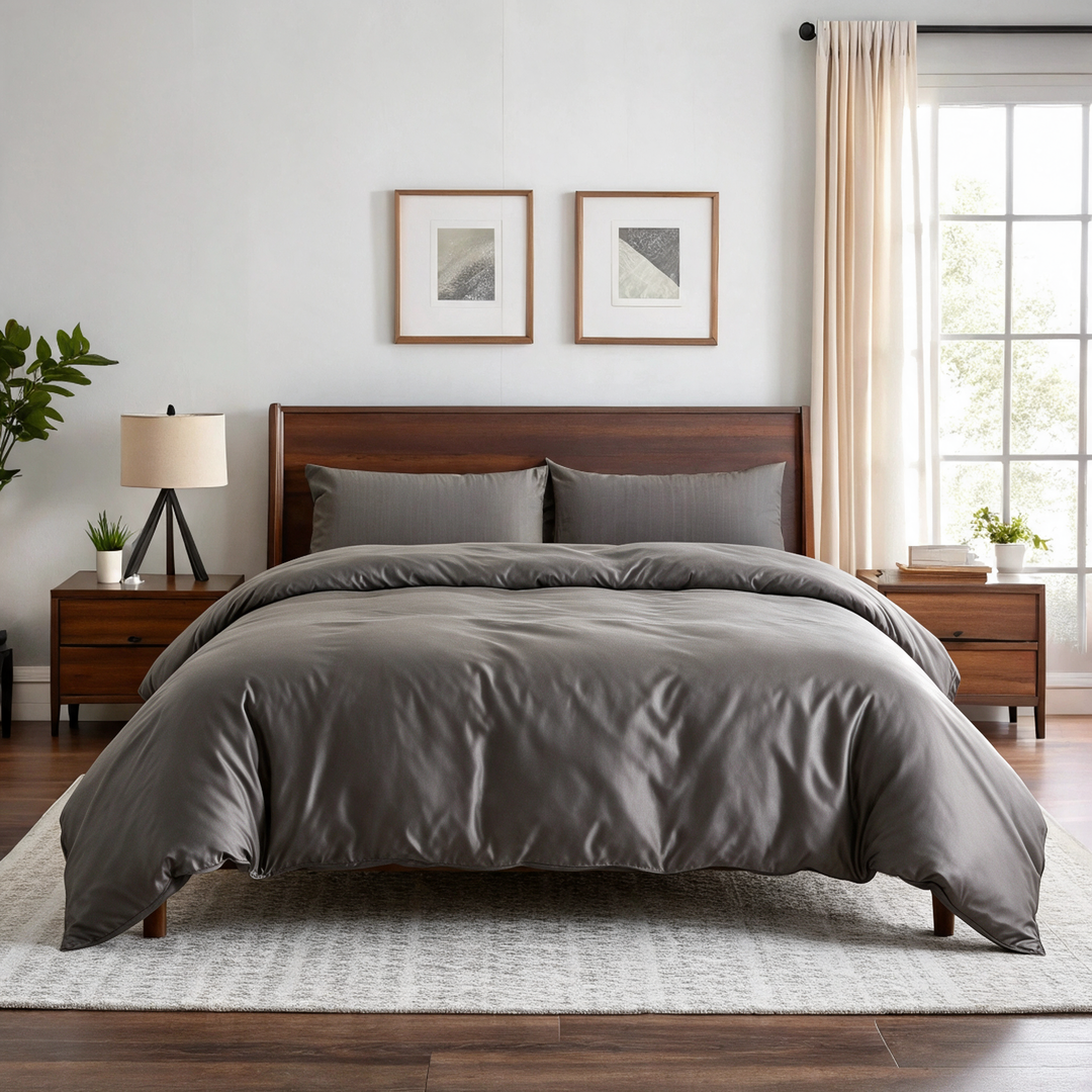 Graphite Gray copper-infused bamboo viscose duvet cover on a walnut bed in a sunlit bedroom — smooth, breathable sateen weave.