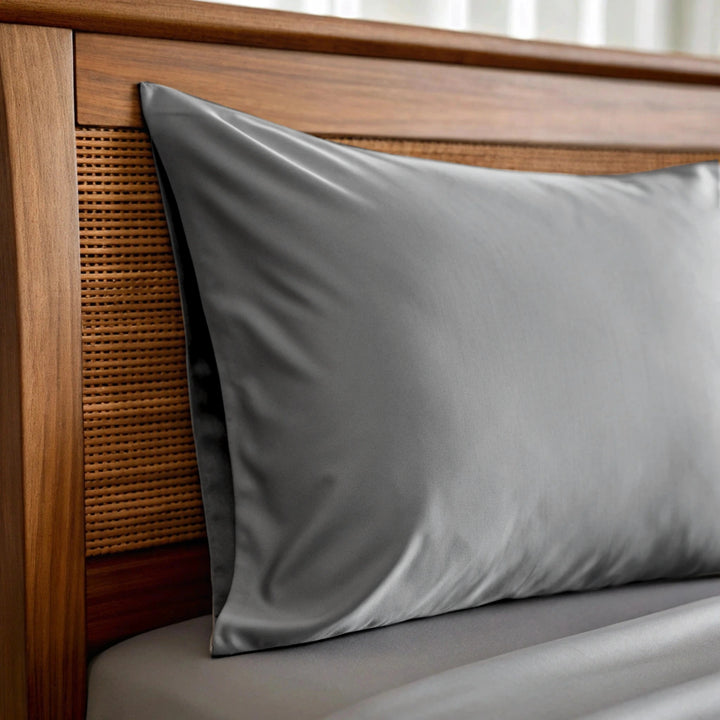 Graphite gray copper-infused bamboo pillowcase on a wood-frame bed in soft natural light — breathable and cooling.
