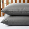 Close-up of two king-size pillows stacked with feather gray  bamboo pillowcases, showing smooth twill weave and matte finish, with soft natural light and subtle background.