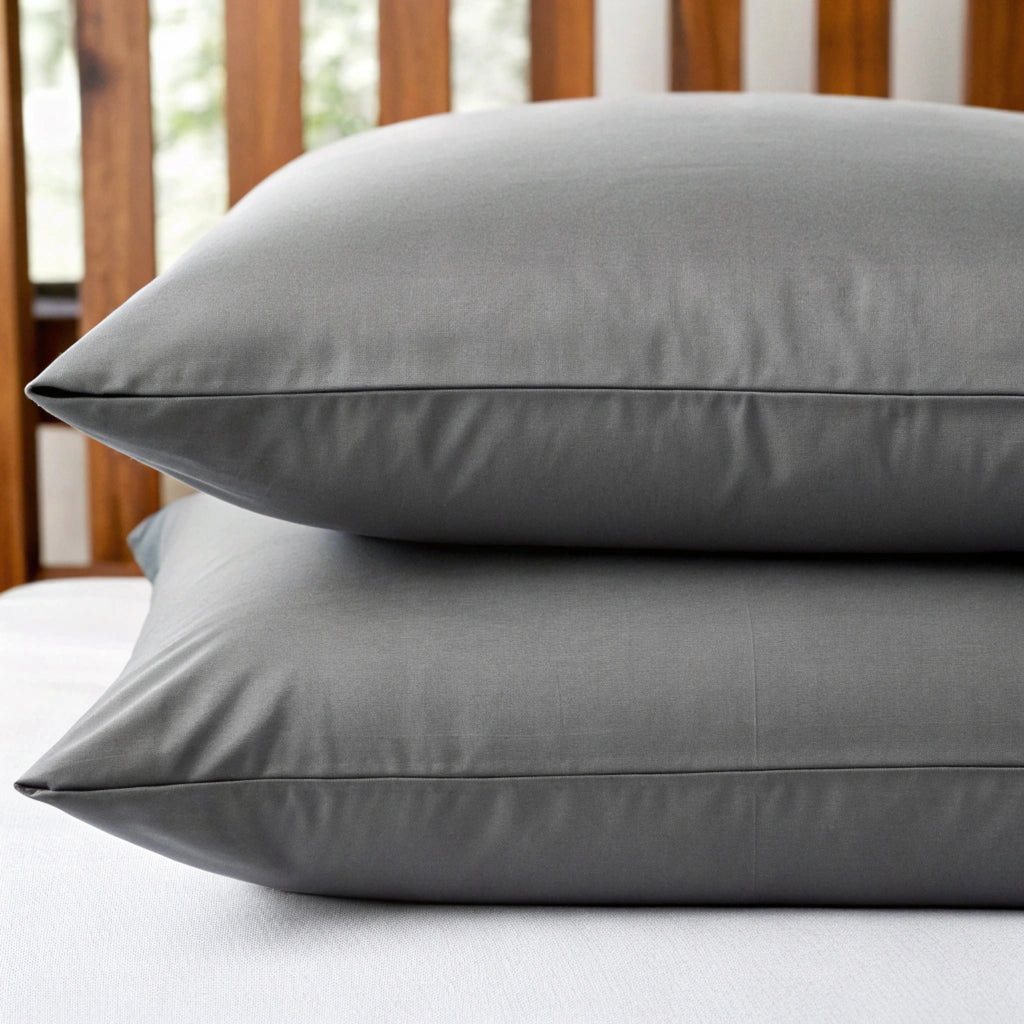 Close-up of two king-size pillows stacked with feather gray  bamboo pillowcases, showing smooth twill weave and matte finish, with soft natural light and subtle background.