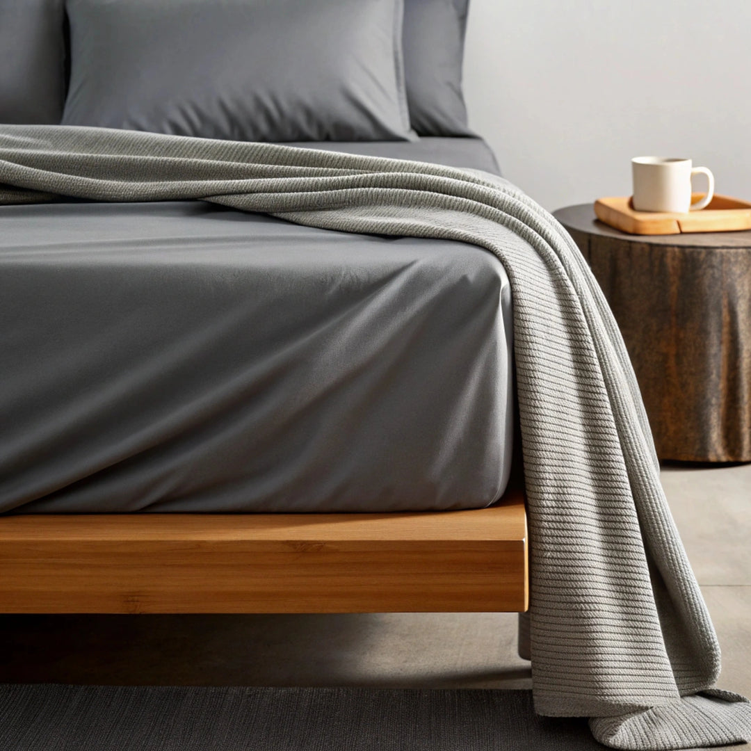 feather gray  bamboo sheets in a cozy lifestyle setting with a soft throw blanket, open book, and coffee cup, highlighting texture and drape