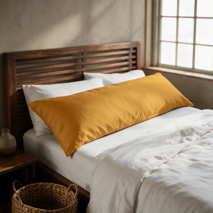 Mustard copper-infused bamboo viscose body pillowcase on a walnut slatted bed in a sunlit bedroom — cooling, breathable and gentle on sensitive skin.