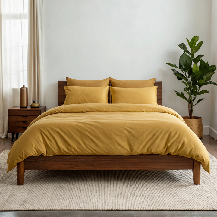 Mustard copper-infused bamboo viscose duvet cover on a walnut bed in a sunlit bedroom — smooth, breathable sateen weave.