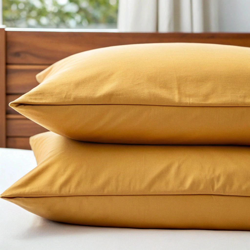 Set of two mustard bamboo pillowcases stacked, showcasing smooth texture and cooling performance for healthier sleep.