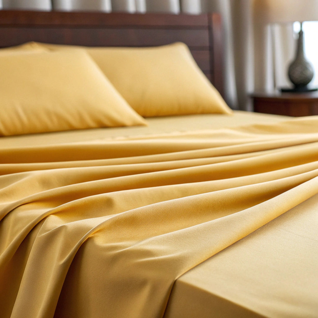 Close-up view of soft mustard bamboo fabric showcasing the smooth weave and natural sheen of the material.