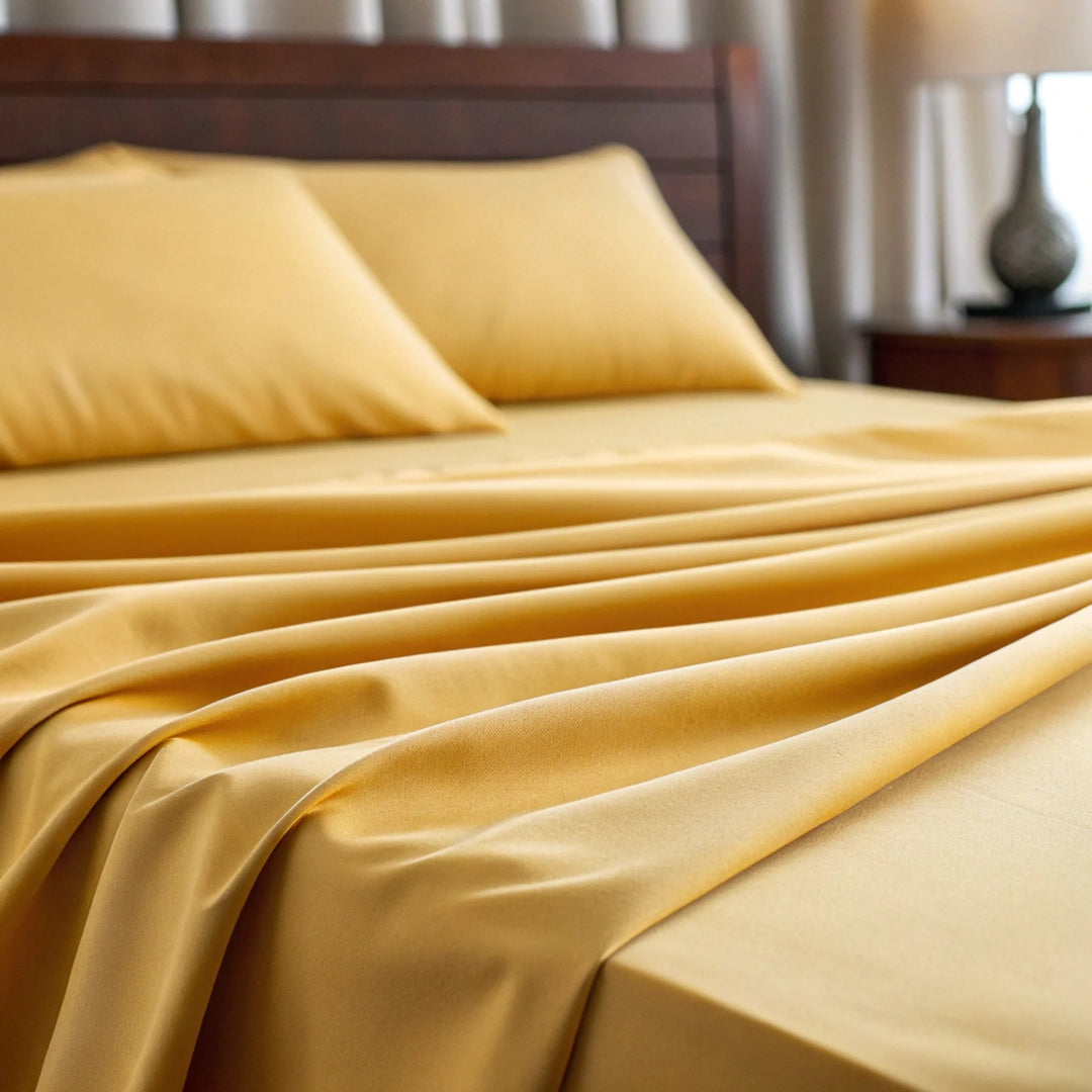 Mustard copper-infused bamboo viscose fabric, close-up of the smooth sateen weave - same fabric used in the Copper Duvet Cover.
