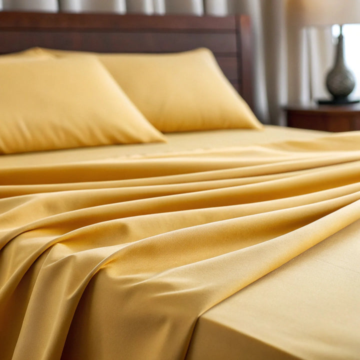 Mustard copper-infused bamboo viscose fabric, close-up of the smooth sateen weave - same fabric used in the Copper Duvet Cover.