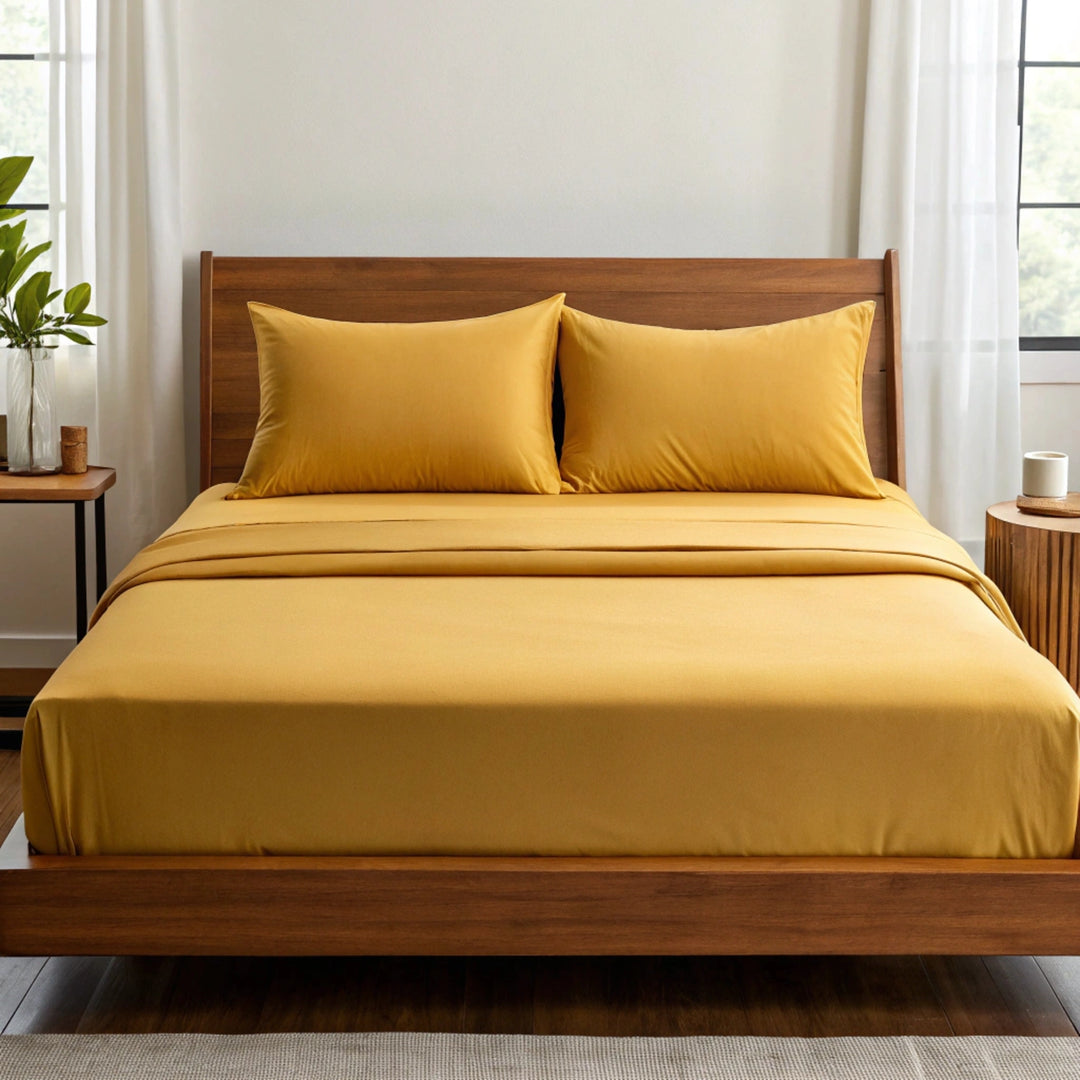 Front-facing view of a queen bed with mustard bamboo sheets and pillowcases, styled with a sateen finish and deep pocket fit.