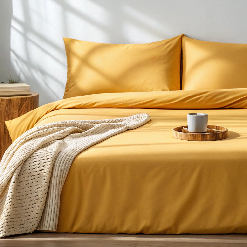 mustard bamboo sheets in a cozy lifestyle setting with a soft throw blanket, open book, and coffee cup, highlighting texture and drape