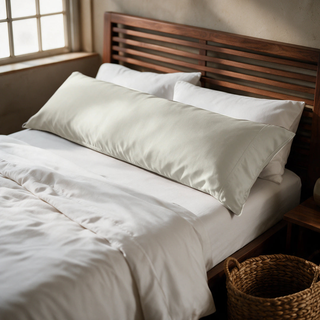 Powder white copper-infused bamboo viscose body pillowcase on a walnut bed, alternate three-quarter angle from the foot of the bed.