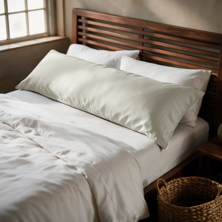 Powder white copper-infused bamboo viscose body pillowcase on a walnut bed, alternate three-quarter angle from the foot of the bed.