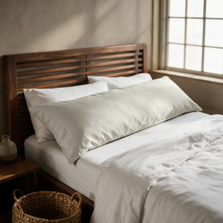 Powder white copper-infused bamboo viscose body pillowcase on a walnut slatted bed in a sunlit bedroom — cooling, breathable and gentle on sensitive skin.
