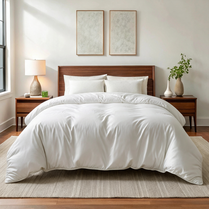 Powder White copper-infused bamboo viscose duvet cover on a walnut bed in a sunlit bedroom — smooth, breathable sateen weave.