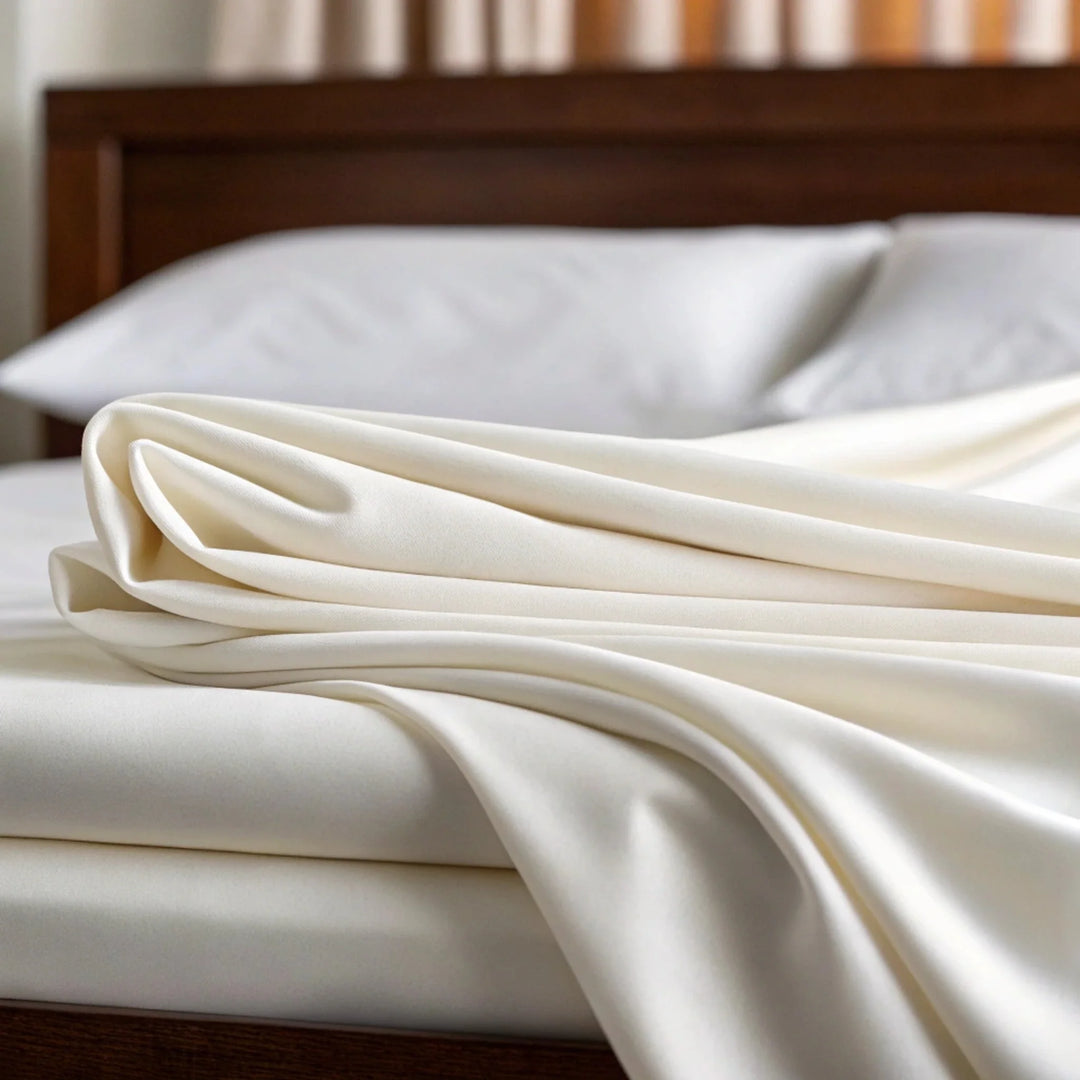 Powder white copper-infused bamboo viscose fabric, close-up of the smooth sateen weave — the same 330 thread count fabric used in the Copper Body Pillowcase.