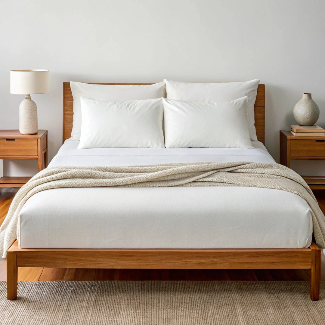 Angled view from the foot of the bed showing the powder white bamboo sheets with a soft finish and elegant bed styling.