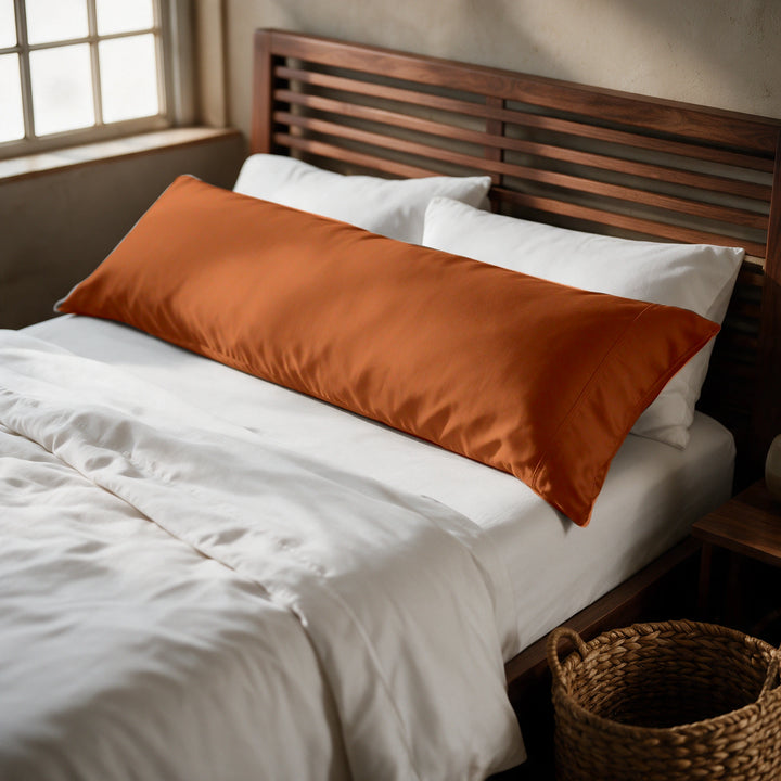 Rust copper-infused bamboo viscose body pillowcase on a walnut bed, alternate three-quarter angle from the foot of the bed.
