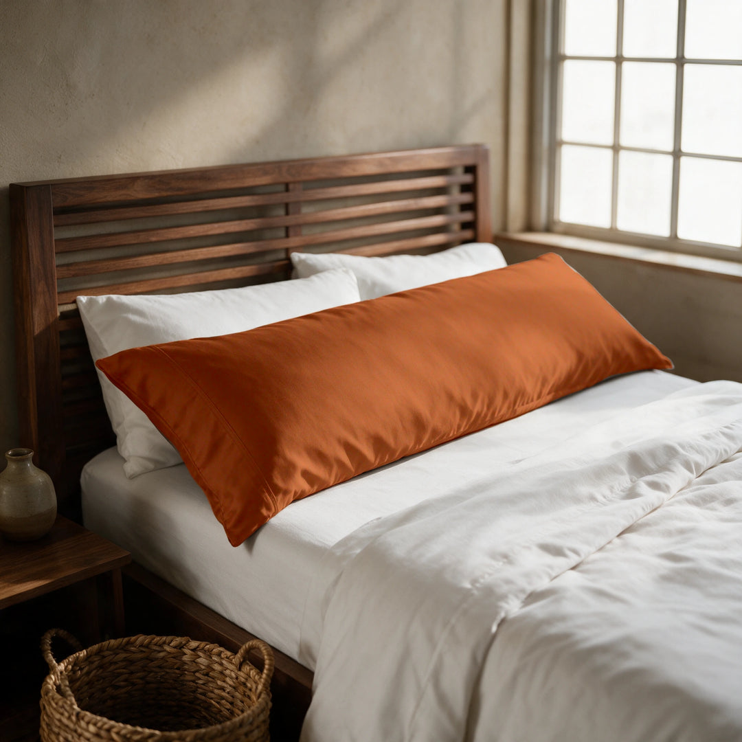 Rust copper-infused bamboo viscose body pillowcase on a walnut slatted bed in a sunlit bedroom — cooling, breathable and gentle on sensitive skin.