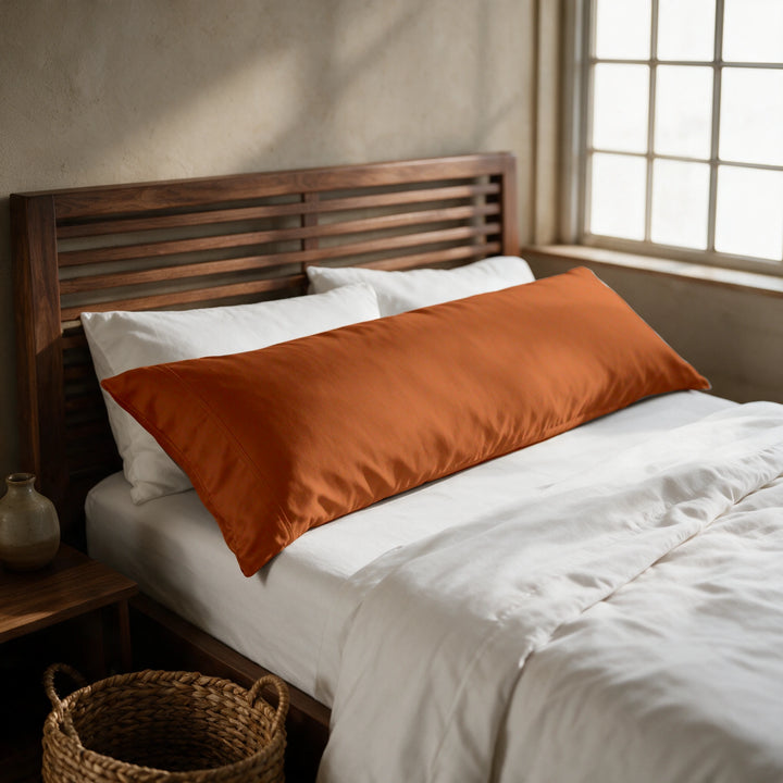 Rust copper-infused bamboo viscose body pillowcase on a walnut slatted bed in a sunlit bedroom — cooling, breathable and gentle on sensitive skin.