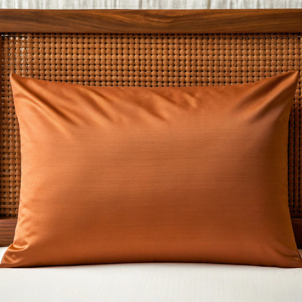 Burnt orange bamboo pillowcase with subtle sheen, styled on rattan wood headboard. Breathable, antibacterial fabric for calming sleep.