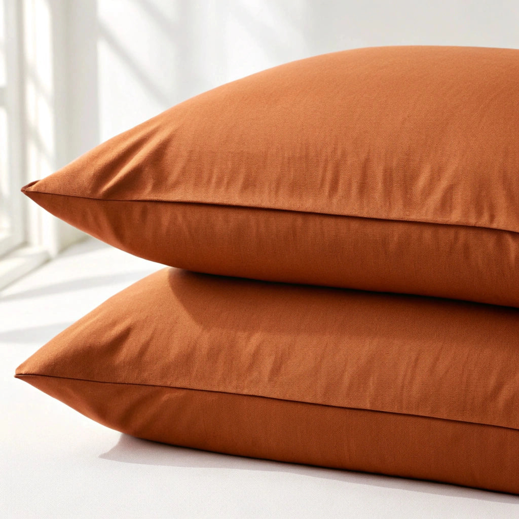 Two burnt orange bamboo pillowcases stacked with a warm matte finish, made for breathable, skin-supportive sleep.