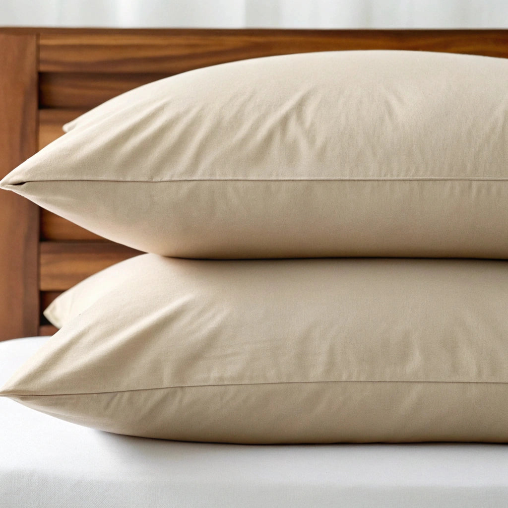 Two summer sand bamboo pillowcases stacked neatly, designed with breathable twill weave and skin-soothing copper blend.