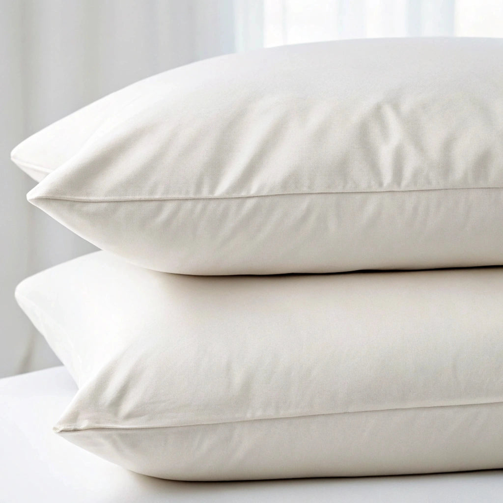 Set of two powder white bamboo pillowcases stacked, designed for hypoallergenic comfort and naturally cooling sleep.