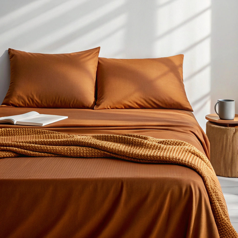 rust bamboo sheets in a cozy lifestyle setting with a soft throw blanket, open book, and coffee cup, highlighting texture and drape.