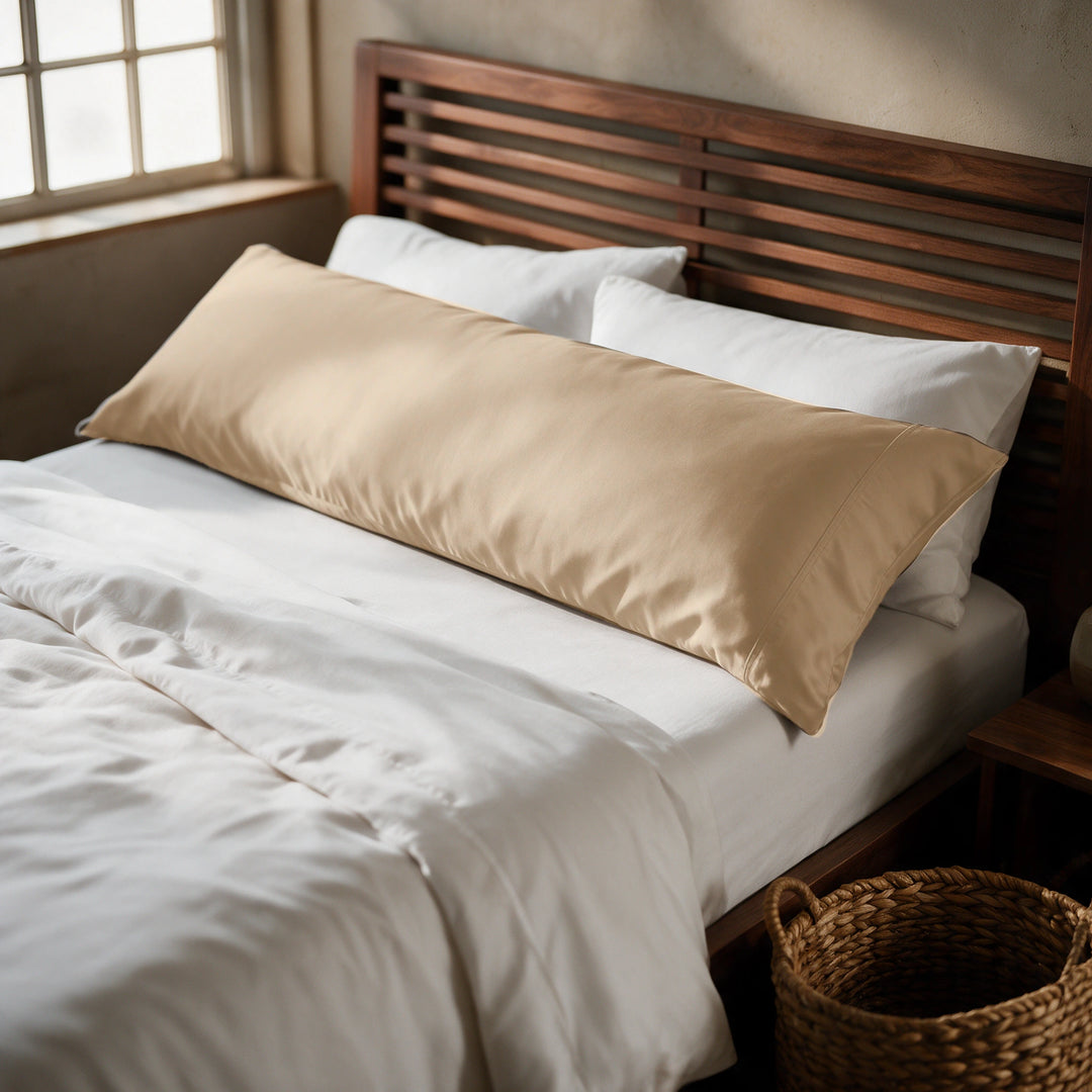 Summer sand copper-infused bamboo viscose body pillowcase on a walnut bed, alternate three-quarter angle from the foot of the bed.