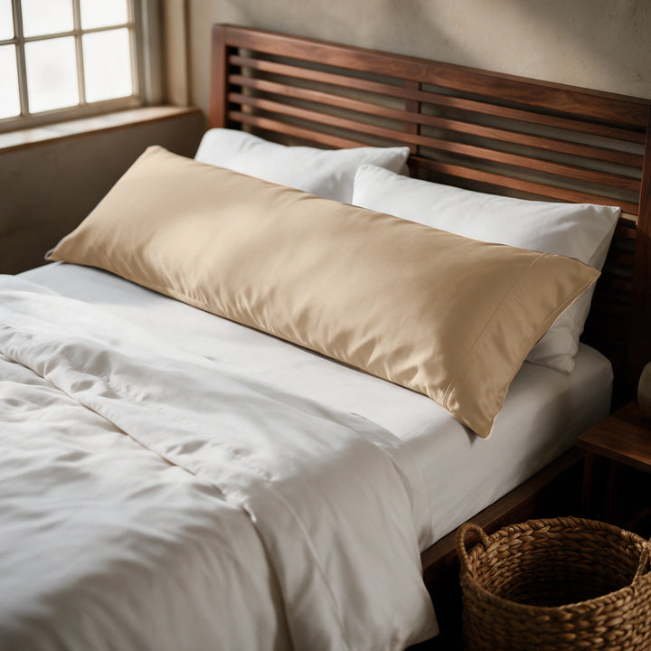 Summer sand copper-infused bamboo viscose body pillowcase on a walnut bed, alternate three-quarter angle from the foot of the bed.