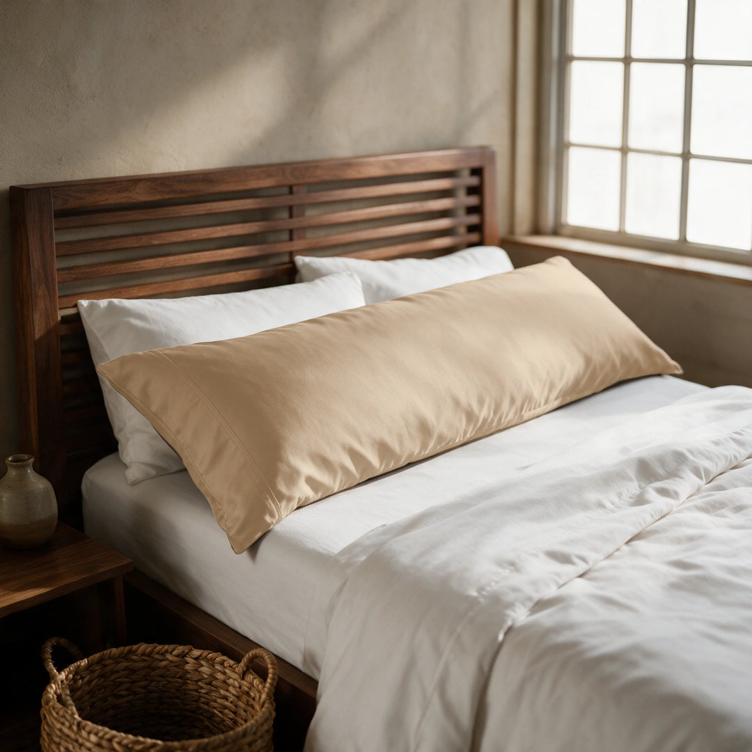 Summer sand copper-infused bamboo viscose body pillowcase on a walnut slatted bed in a sunlit bedroom — cooling, breathable and gentle on sensitive skin.