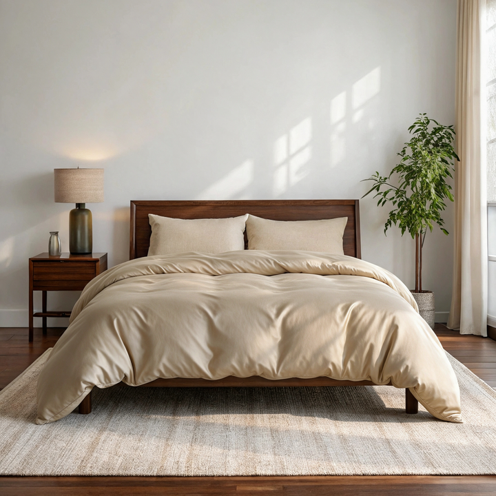 Summer Sand copper-infused bamboo viscose duvet cover on a walnut bed in a sunlit bedroom — smooth, breathable sateen weave.