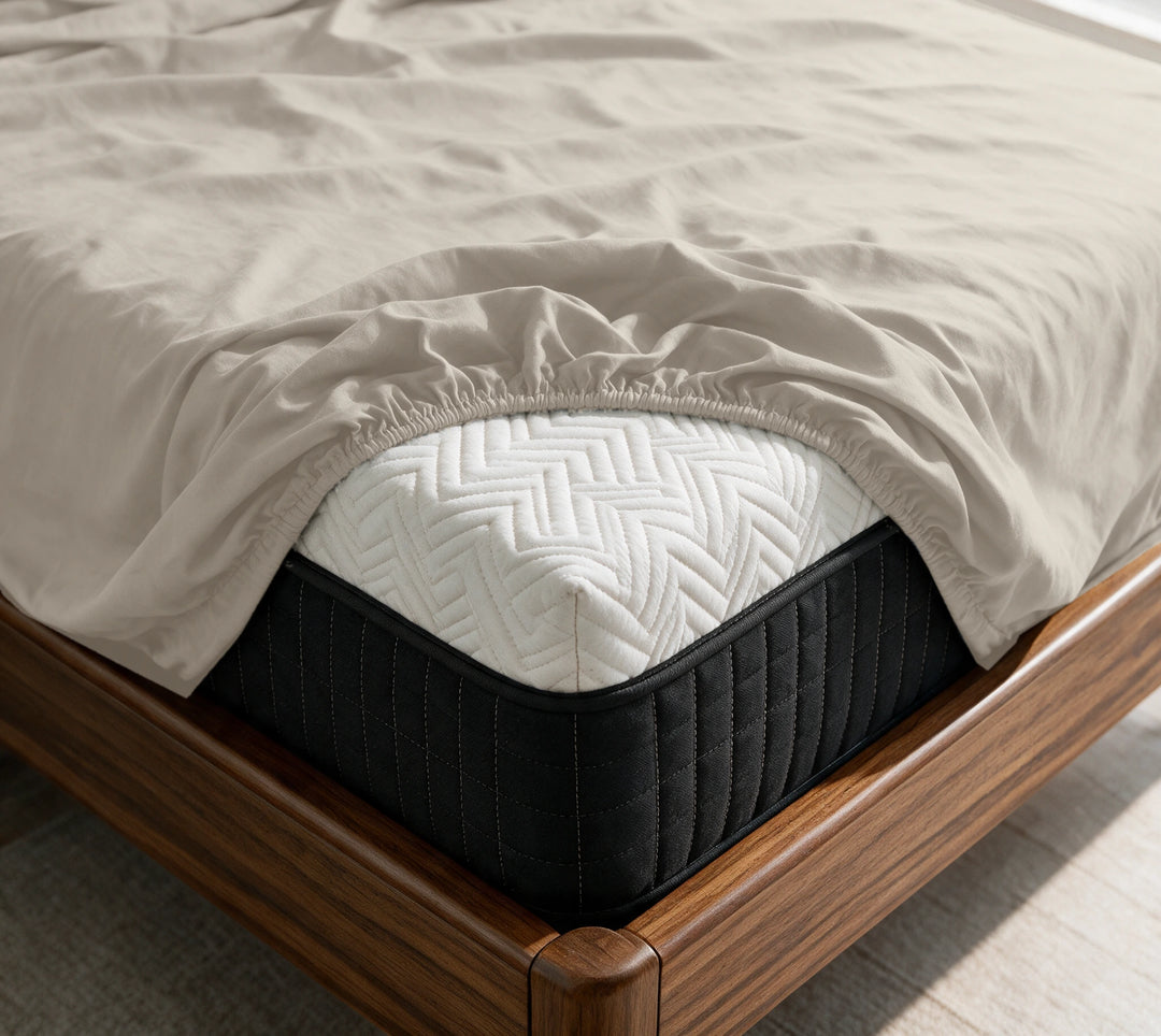 Summer Sand copper-infused bamboo fitted sheet on a mattress in a sunlit walnut bedroom — breathable, cooling sateen weave.