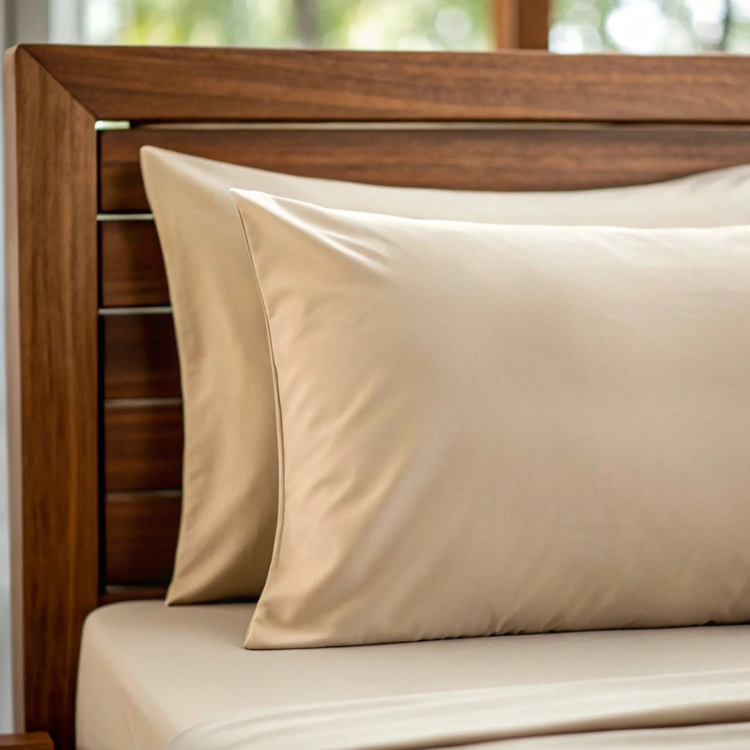Summer sand copper-infused bamboo viscose fabric, close-up of the smooth sateen weave — the same 330 thread count fabric used in the Copper Body Pillowcase.