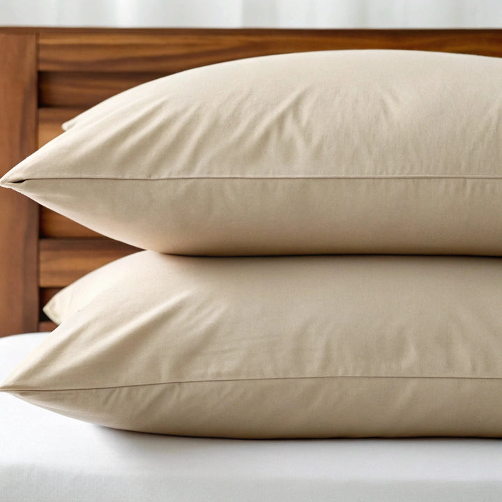 Summer sand copper-infused bamboo pillowcases, two stacked, breathable sateen weave with a copper-infused blend.