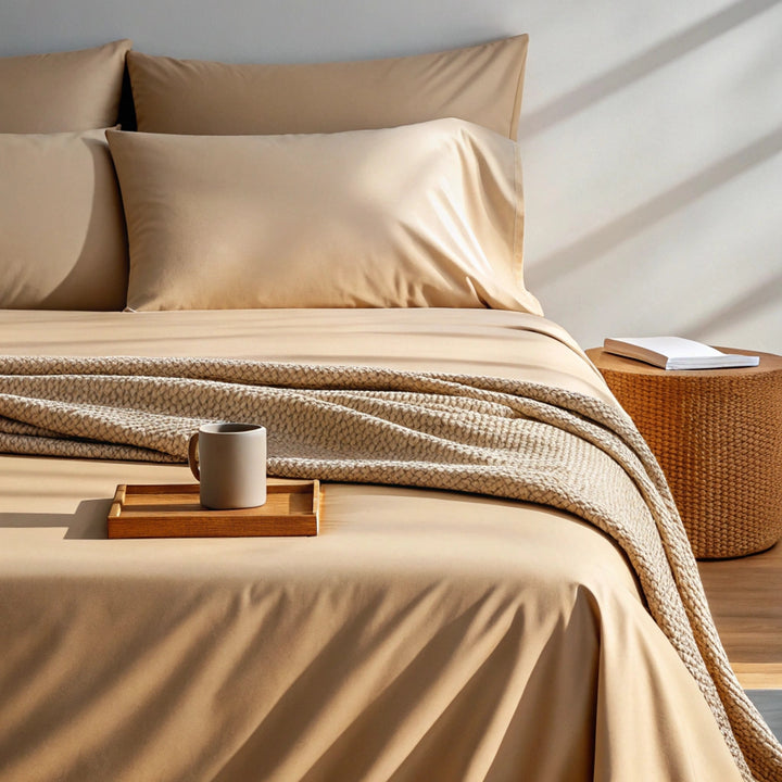 summer sand bamboo sheets in a cozy lifestyle setting with a soft throw blanket, open book, and coffee cup, highlighting texture and drape