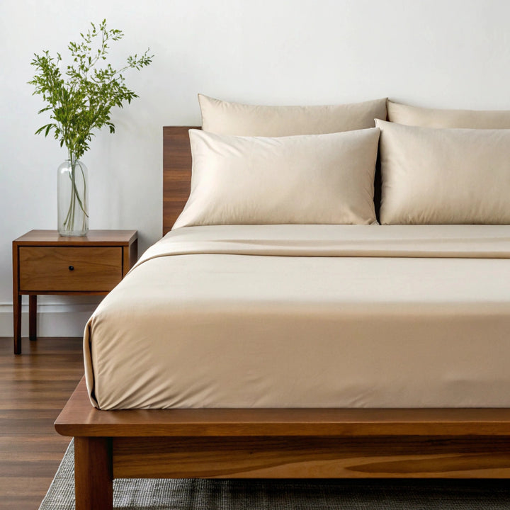 Side angle shot from pillow-end showing summer sand bamboo pillowcases and sheet set with decorative plant and soft lighting.