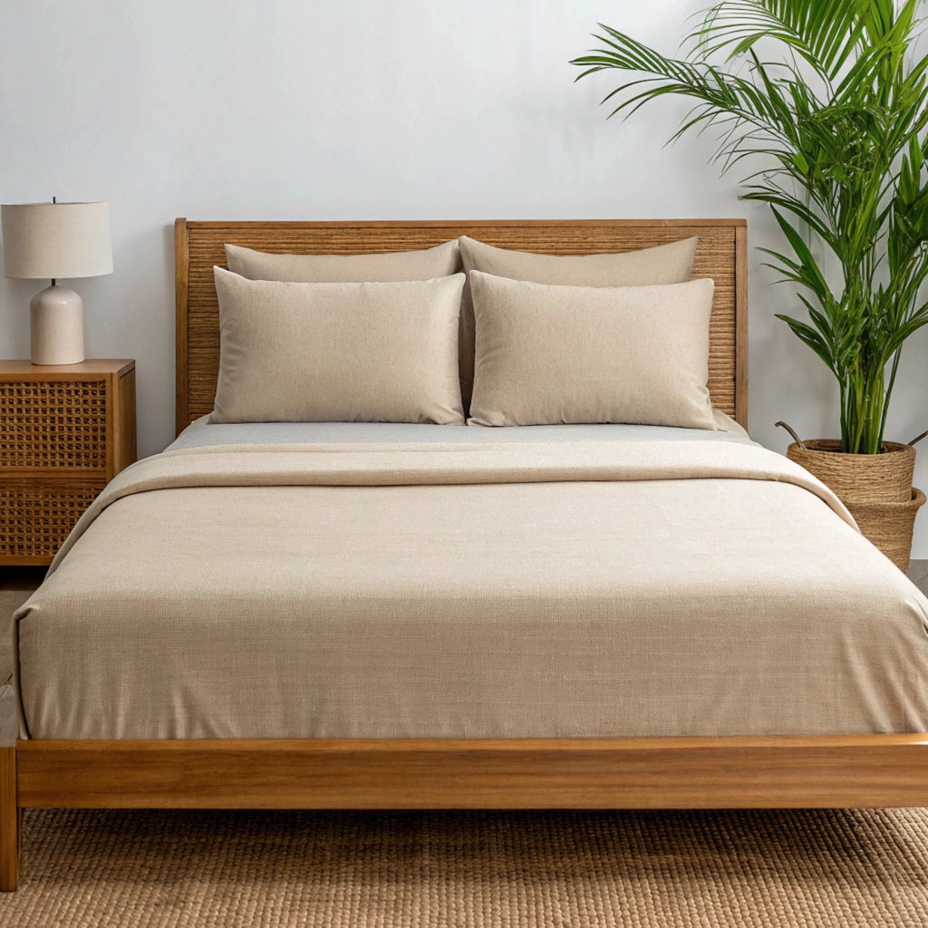 Angled view from the foot of the bed showing the summer sand bamboo sheets with a soft finish and elegant bed styling.