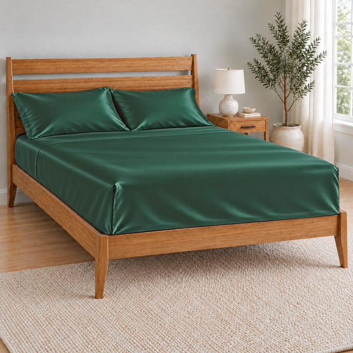 Emerald Green bamboo viscose flat sheet with a tucked hospital corner on a made bed, from the sheet set