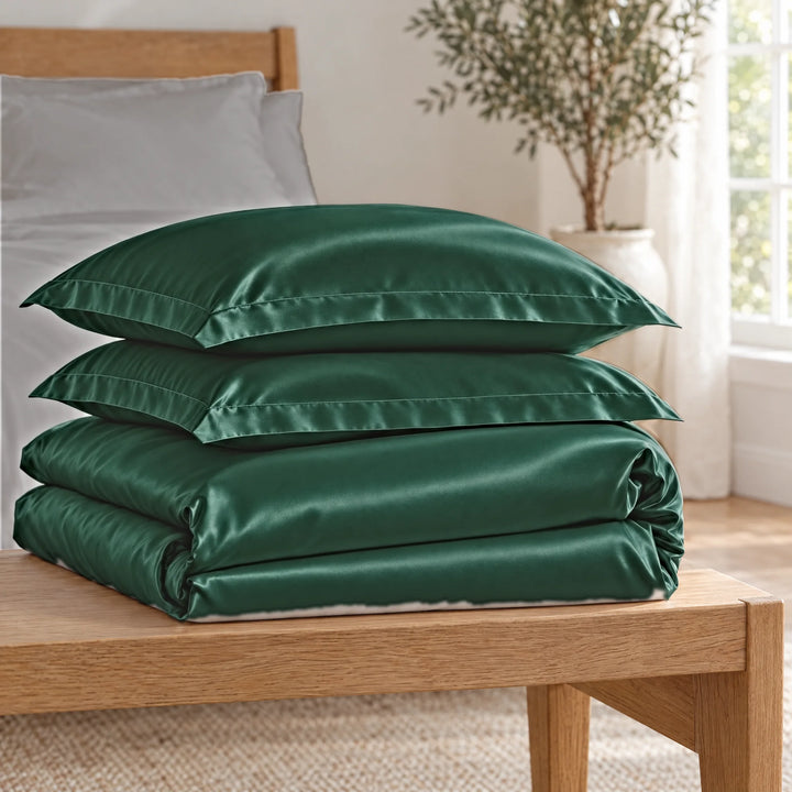 Emerald Green bamboo viscose Signature duvet cover and two shams, neatly folded in a stack on an oak bench