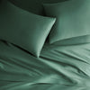 emerald green bamboo bed sheets with sateen weave from the Signature Collection, overhead view highlighting smooth texture and matching pillowcases