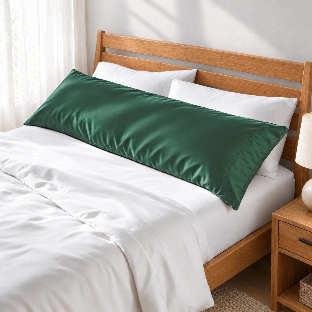 Emerald Green bamboo viscose sateen body pillowcase along the headboard of a made bed, three-quarter view from the foot of the bed