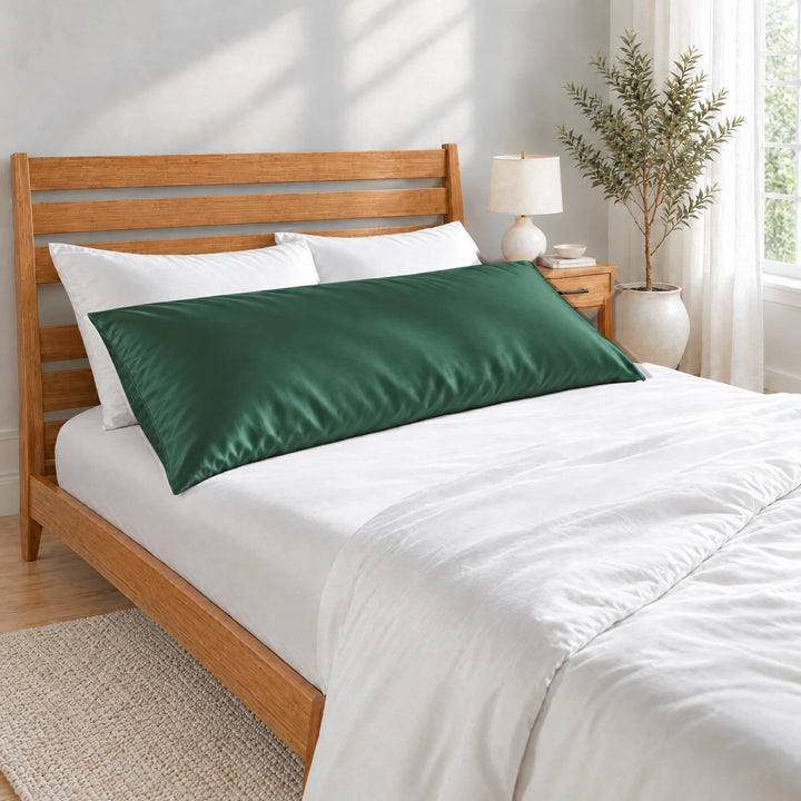 Emerald Green bamboo viscose sateen body pillowcase lying in front of white pillows on a made bed with a honey bamboo headboard in a bright bedroom