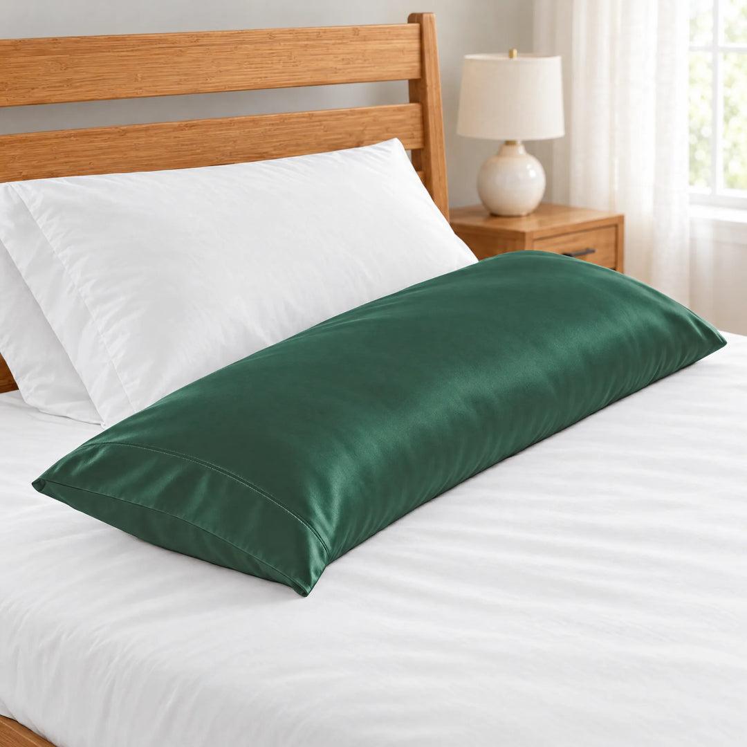 Emerald Green bamboo viscose sateen body pillowcase close-up of the stitched hem beside a white pillow on a made bed, honey bamboo headboard and lamp in soft focus