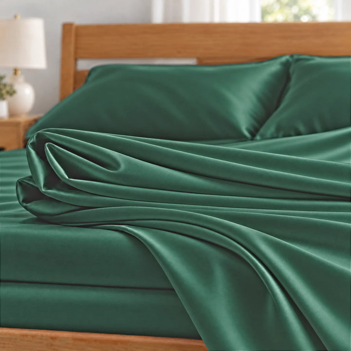 Emerald Green bamboo viscose sateen fabric close-up of folded sheets and a body pillowcase, silky sateen finish