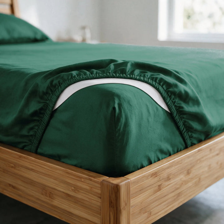 emerald green bamboo viscose sateen fitted sheet corner with white elastic strap for a snug fit