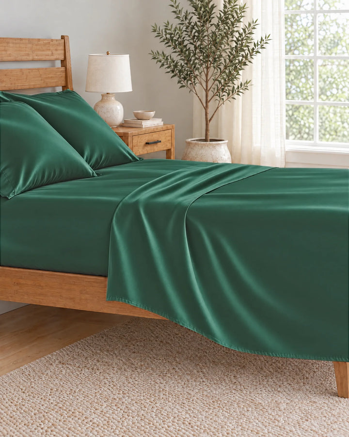 Emerald Green bamboo viscose flat sheet pulled back in a soft morning drape over the mattress