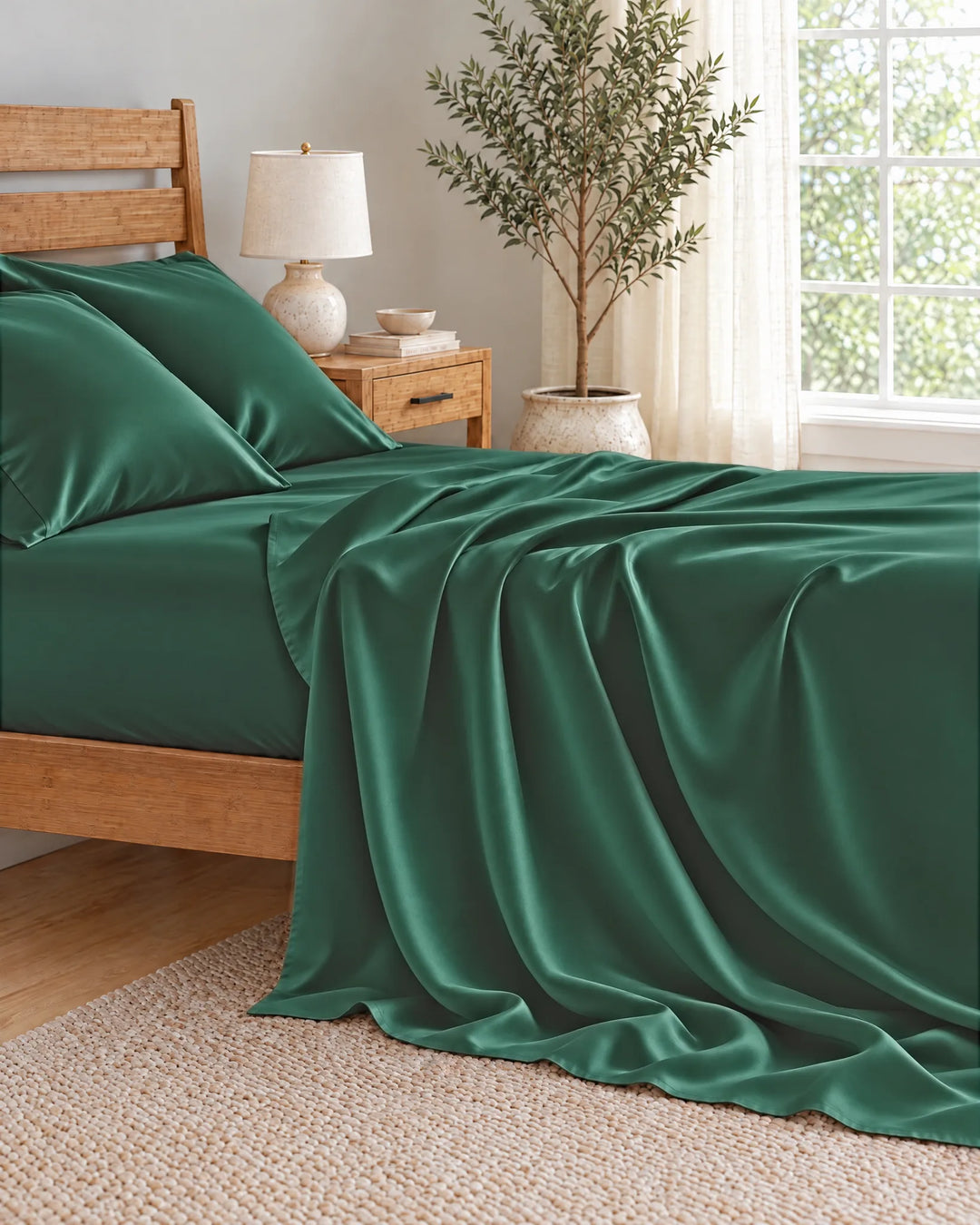 Emerald Green bamboo viscose flat sheet cascading in deep soft folds down the side of the mattress