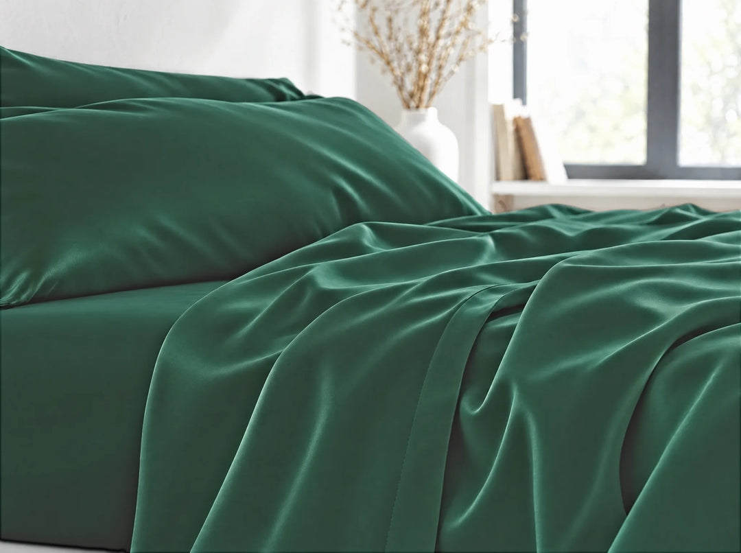 Emerald Green bamboo viscose flat sheet close-up billowing over the mattress edge in relaxed sateen folds